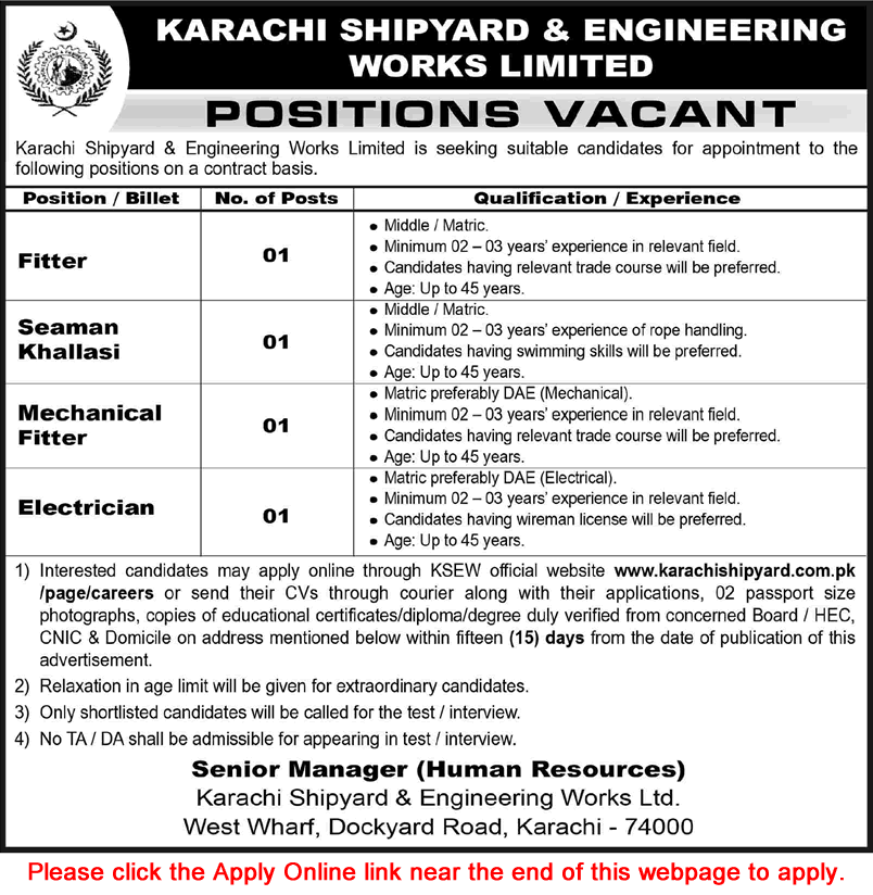Newspaper job advertisement for Karachi Shipyard and Engineering Works Jobs August 2026 Apply Online Electrician, Fitter & Others KSEW Latest