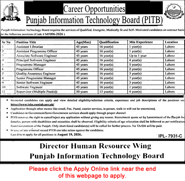 Newspaper job advertisement for PITB Jobs August 2026 Apply Online Punjab Information Technology Board Latest