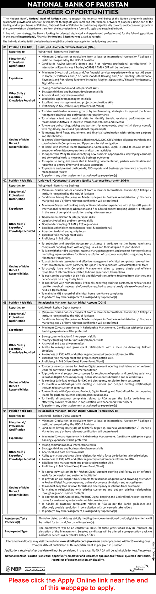 Newspaper job advertisement for National Bank of Pakistan Jobs August 2026 Apply Online Relationship Managers & Unit Head NBP Latest