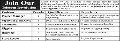 Newspaper job advertisement for Matrix Service Pvt Ltd Islamabad Jobs August 2026 Internees, Technicians & Others Latest